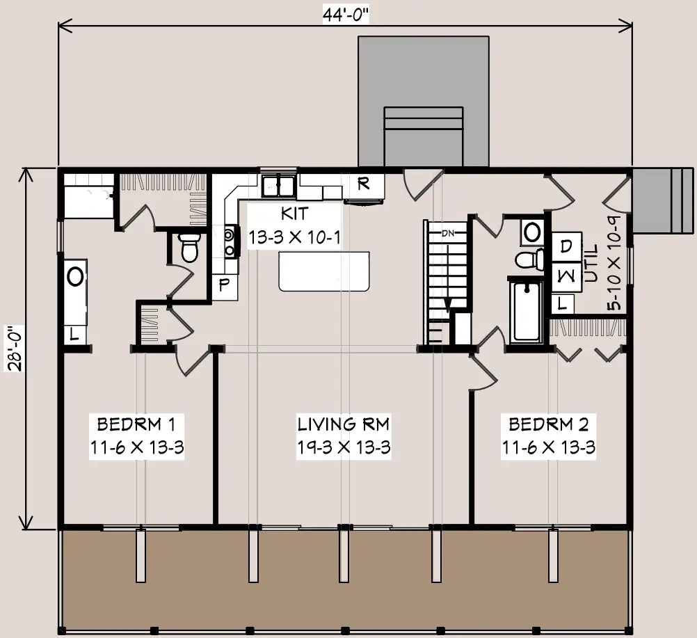 Aspen C floor plan, 44 feet by 28 feet